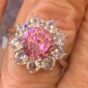 5 CTW Pink and white diamonds, Rhodium over sterling. Size 8 flower power